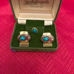 Michael Angelo Turquoise Stone Cufflinks Set with Tie Pin